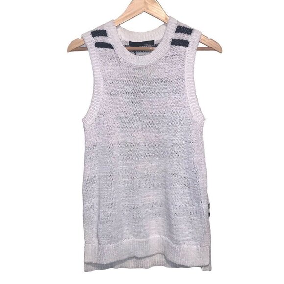 360 Sweater Italian Yarn White & Navy Striped Nautical Sleeveless Top Large - Picture 1 of 10